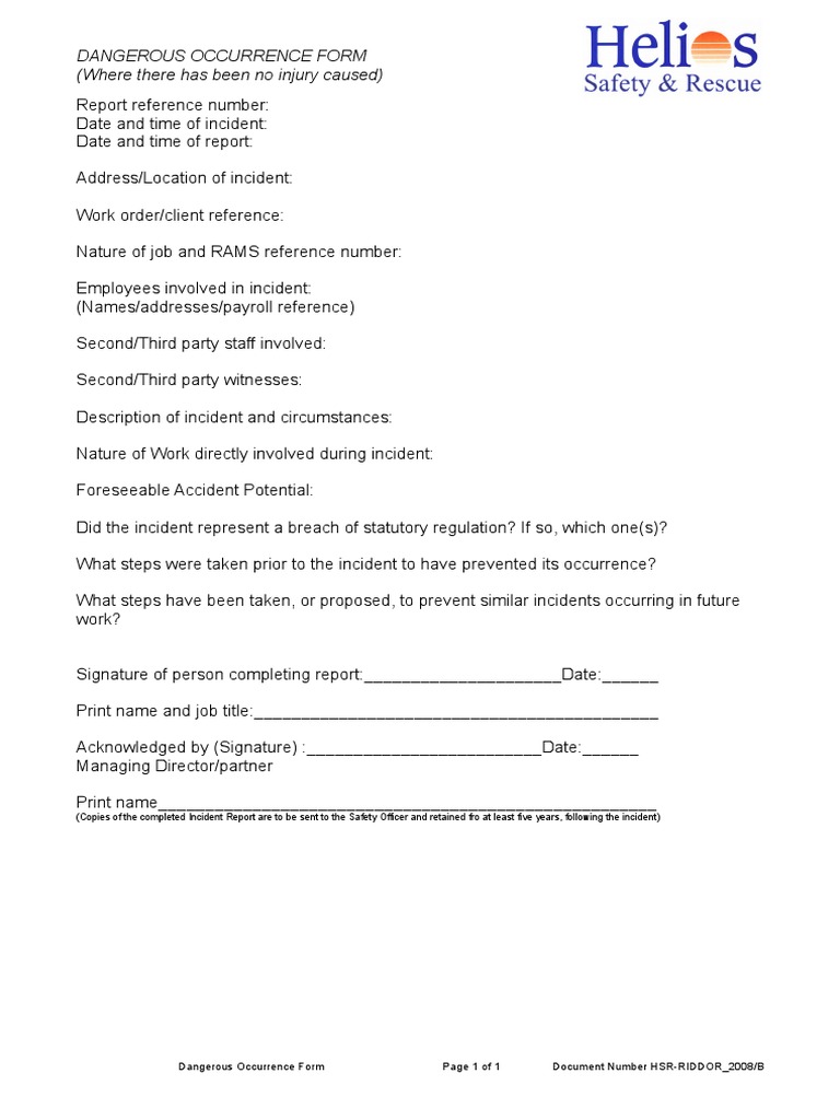 Dangerous Occurance Form PDF Safety Government
