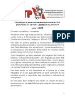 Discurso por 50 aniversario de reconstitución de la CGTP pronunciado por Gerónimo López Sevillano, SG CGTP Lima, 14/06/18