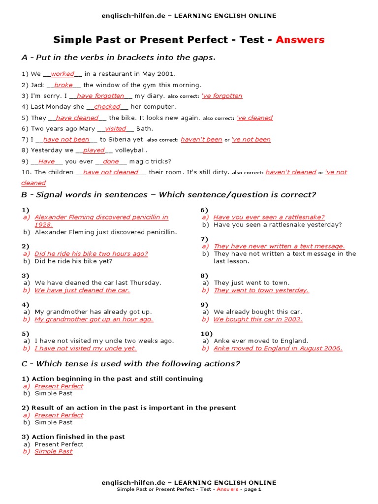 Test Simple Past Present Perfect en Answers PDF | PDF