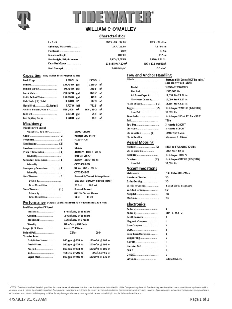 Specifications for William C O'Malley Vessel | PDF | Ships | Watercraft