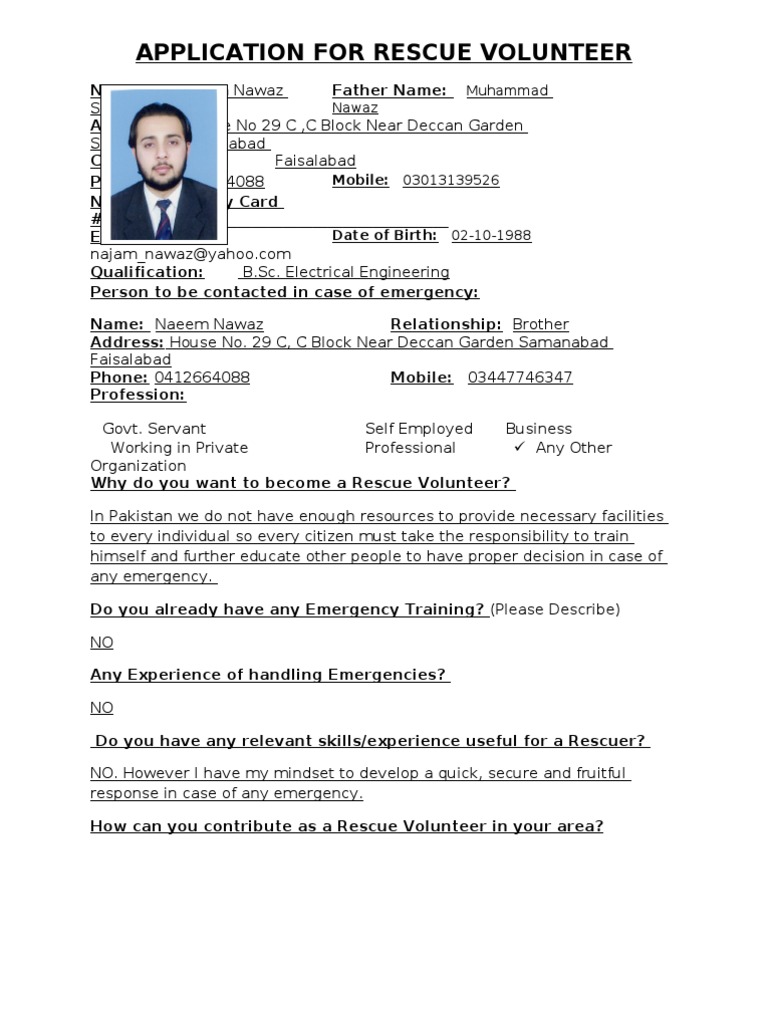 Application For Rescue Volunteer | PDF | Emergency | Volunteering