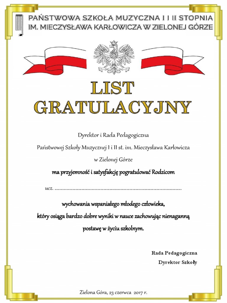 List Gratulacyjny Dla Rodziców Ucznia Tekst