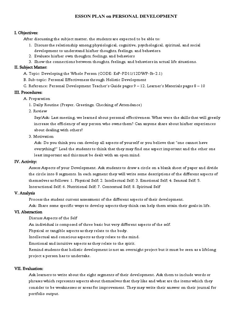 Personal Development Lesson Plan Week 2 | PDF | Self | Thought