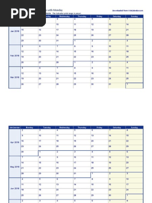 2018 Weekly Calendar Monday