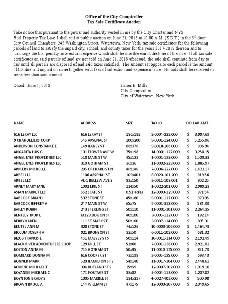 UPDATE City of Watertown Tax Sale Certificate Auction June 21 PDF Law And Economics Real