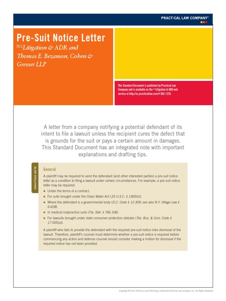 PreSuit Notice Letter Lawsuit Damages