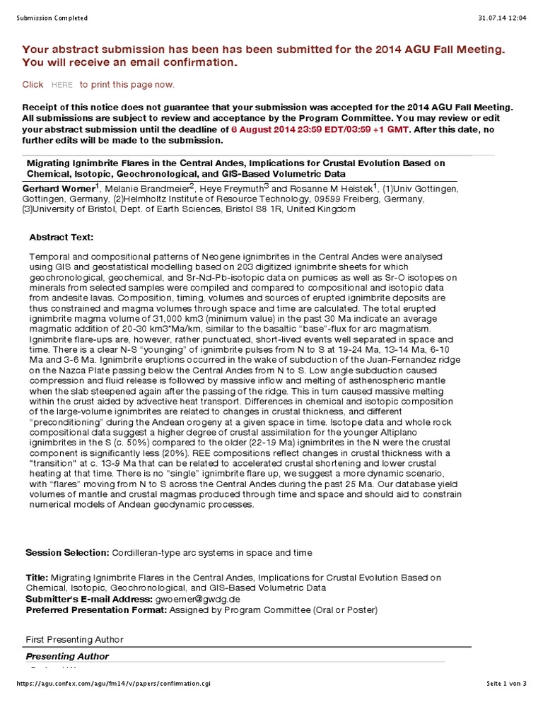 Your Abstract Submission Has Been Has Been Submitted For The 2014 AGU