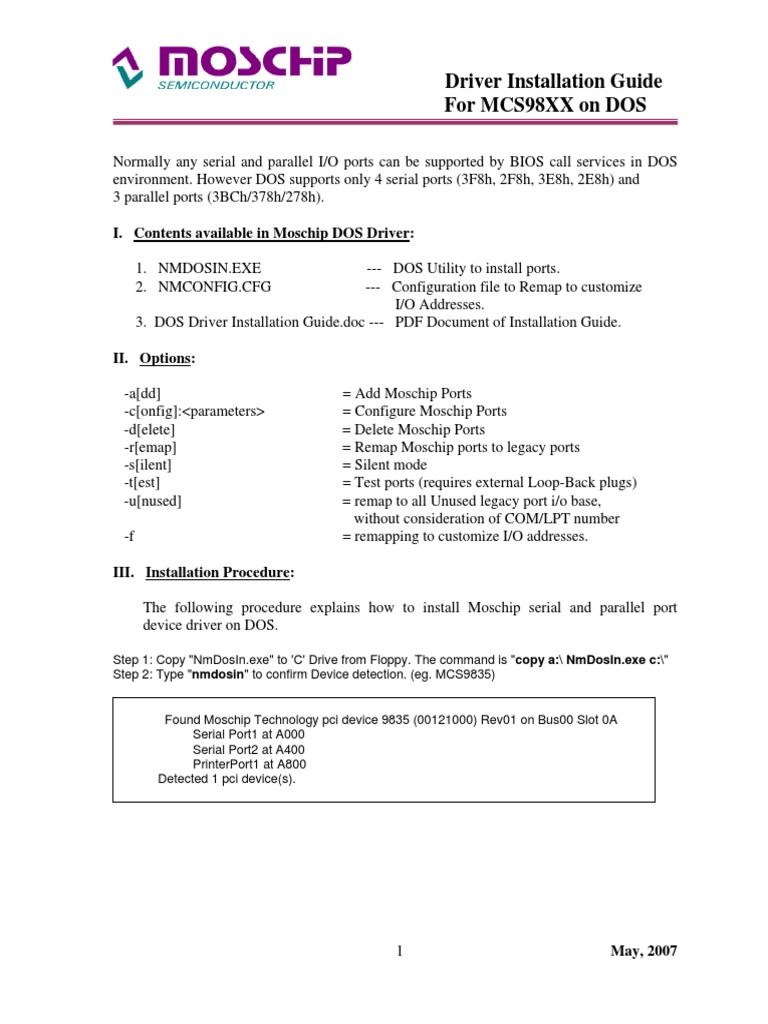 MCS98XX DOS Driver Installation Guide | PDF | Dos | Device Driver
