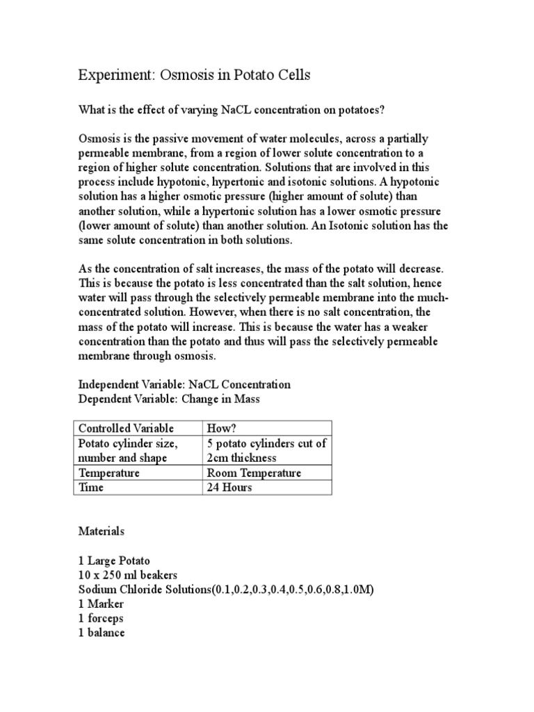 Potato Lab Report Osmosis Chemical Substances