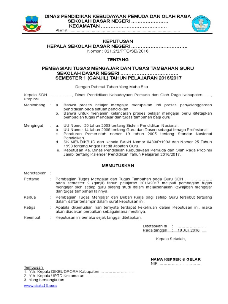 Contoh SK Pembagian Tugas Guru Format Terbaru + Jumlah Siswa Per Rombel