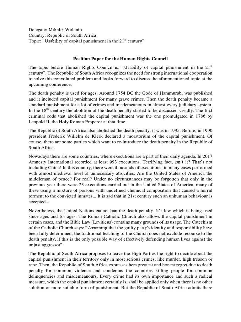The Republic of South Africa Position Paper For HRC, AliansMUN 2018 ...