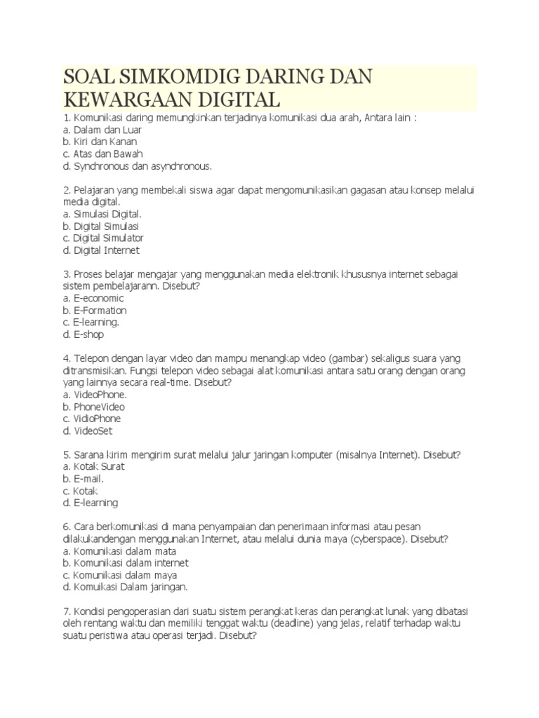 Soal Simkomdig Daring Dan Kewargaan Digital