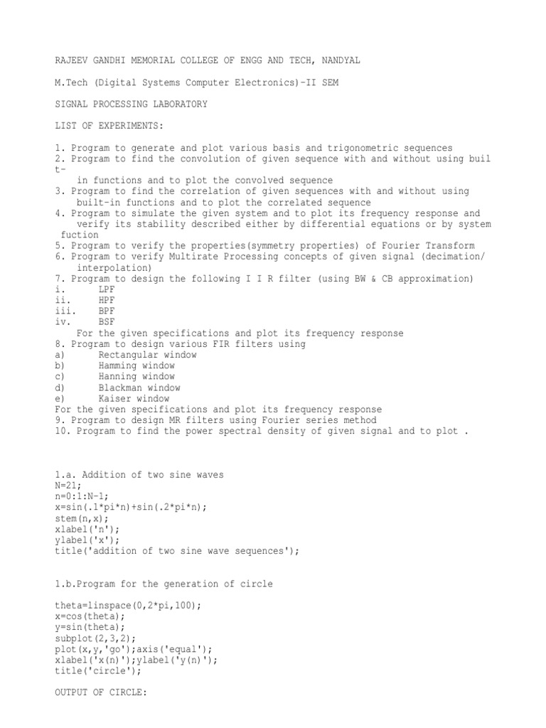 M.Tech Signal Processing Lab Guide | PDF | Low Pass Filter | Algorithms