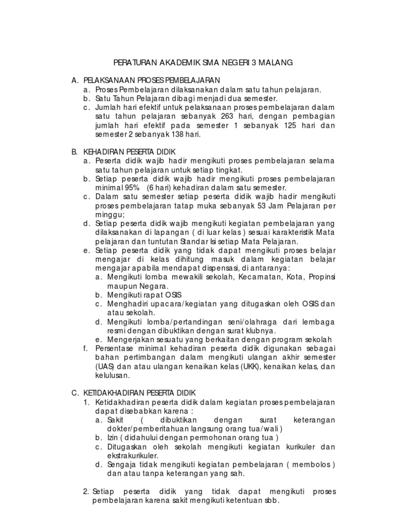 Peraturan Akademik Sman3 Malang Tahun 2010 2011