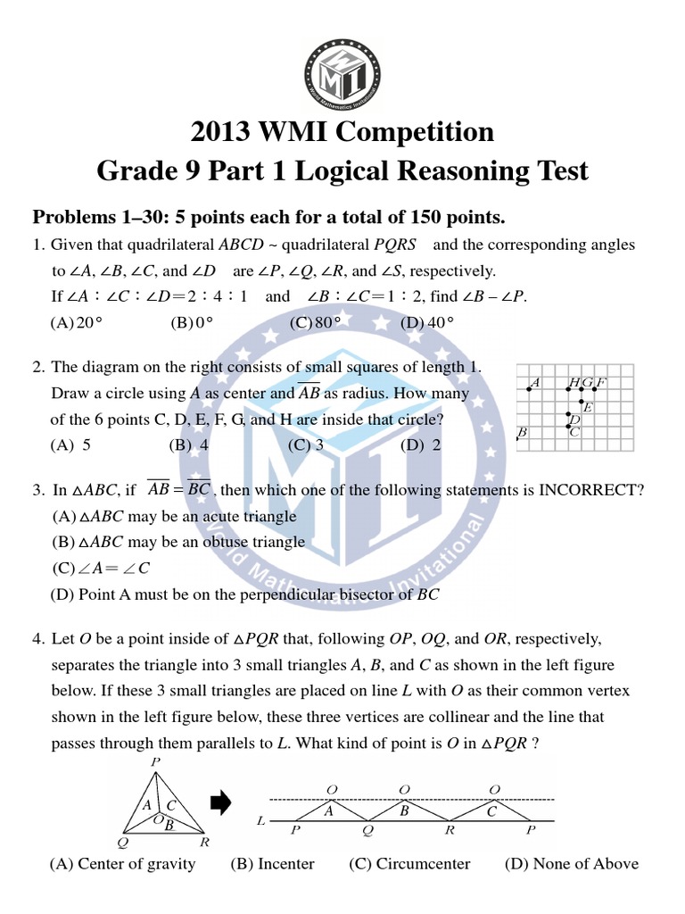 2013 WMI Competition Grade 9 Part 1 Logical Reasoning Test: Problems 1 ...