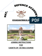 Khadakwasla: Joining Instructions FOR Cadets of 140 Nda Course