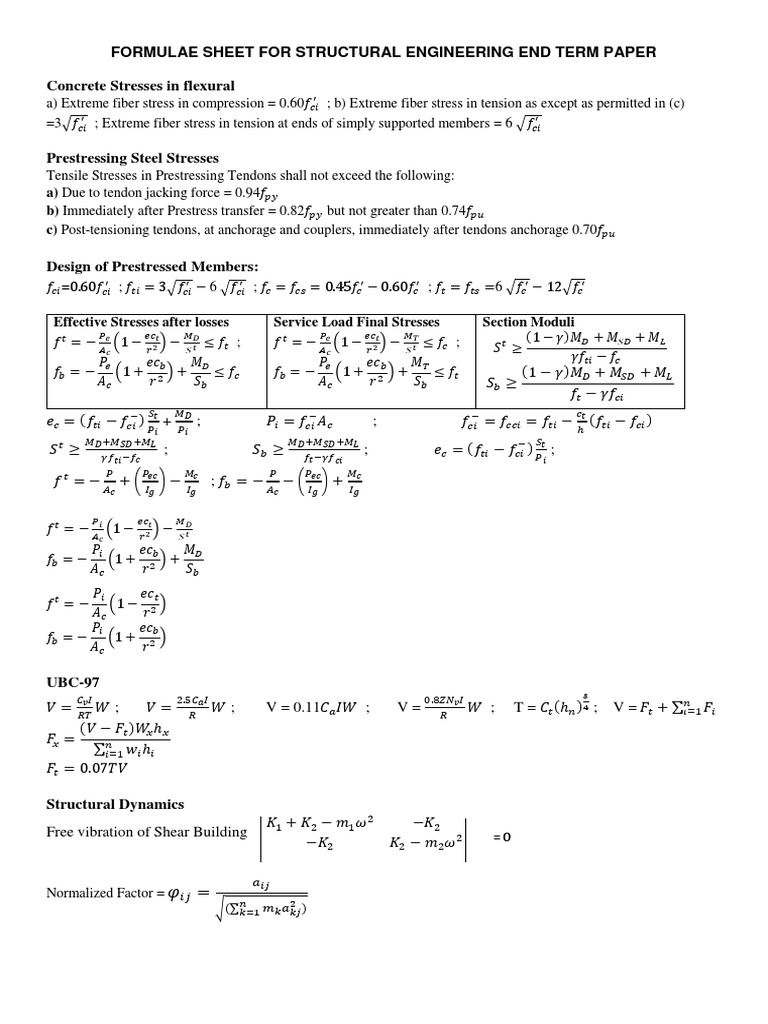 Formulae Sheet For Structural Engineering End Term Paper Concrete ...