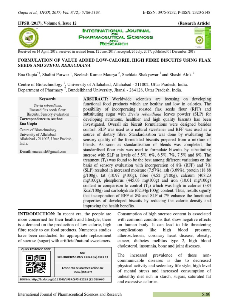 Formulation of Value Added LowCalorie, High Fibre Biscuits Using Flax