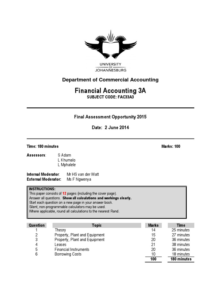 Financial Accounting 3A Final Assessment 2015 | PDF | Book Value ...