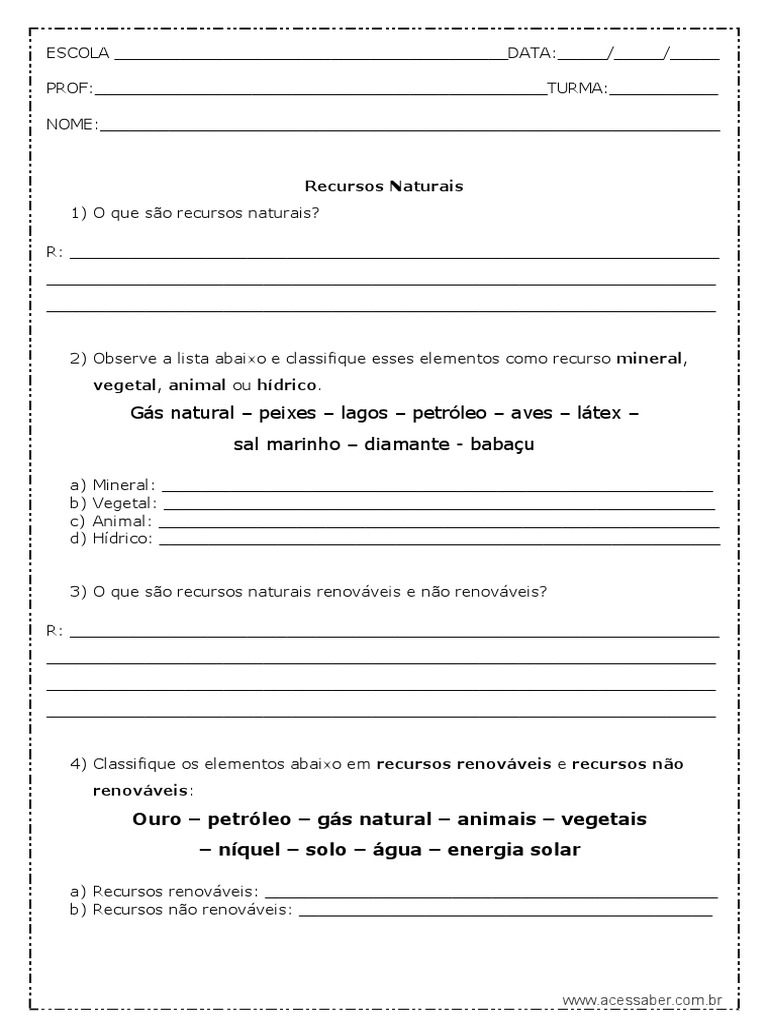 Atividade de Geografia Recursos Naturais 4º Ou 5º Ano