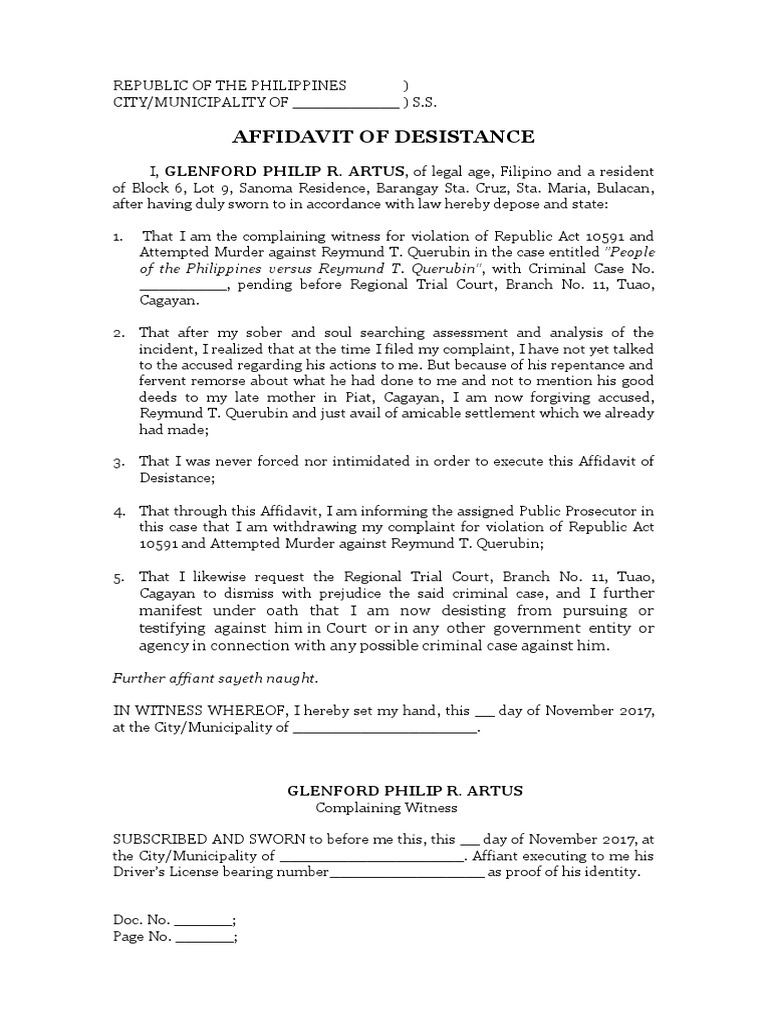 Affidavit of Desistance Example | PDF | Politics