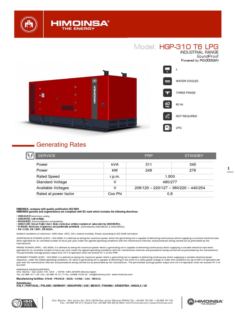 Ficha Tecnica Generador Himoinsa | Mains Electricity | Liquefied