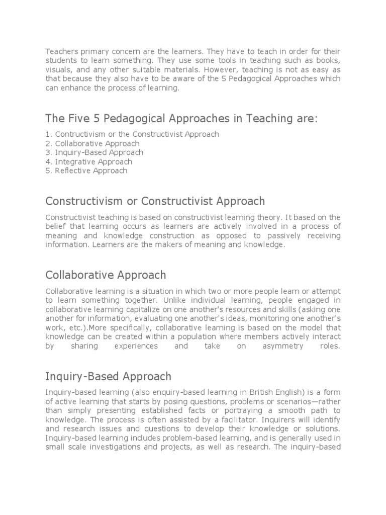 The Five 5 Pedagogical Approaches In Teaching Are Pdf Inquiry Based