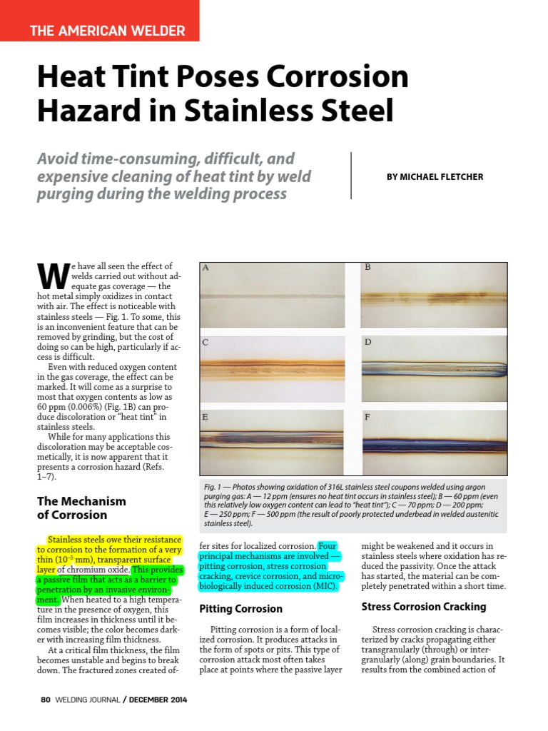 1.Heat Tint Poses Corrosion Hazard in Stainless Steel (1) Corrosion