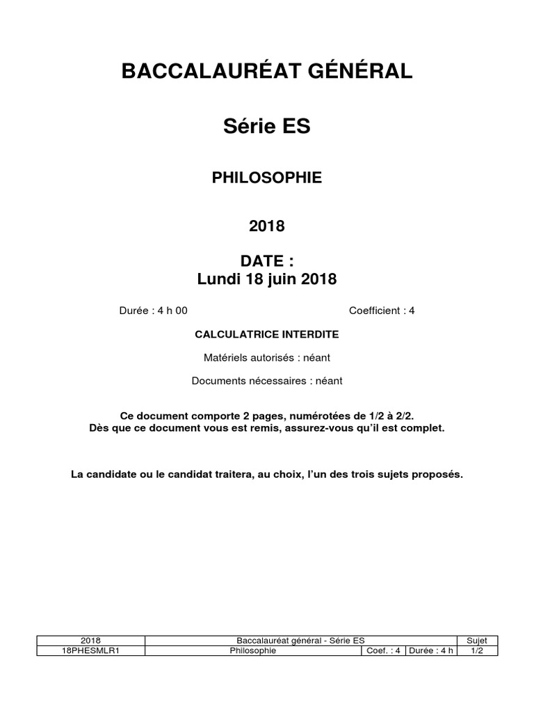 Sujet de Philosophie Bac ES 2018 | PDF | Émile Durkheim | Concept de ...