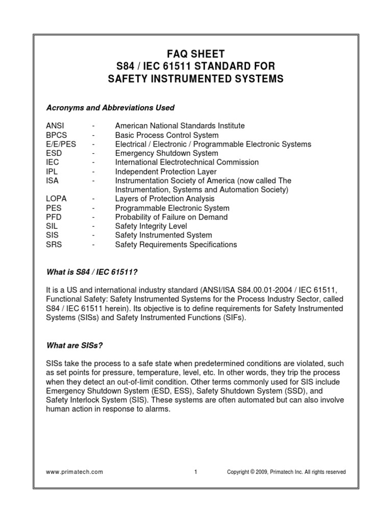 Faq s84 Standard For Safety Instrumented Systems | PDF | Engineering ...
