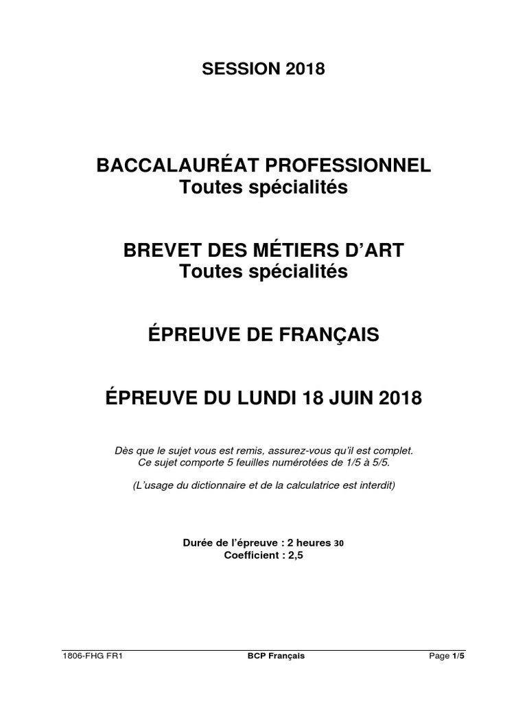 Sujet Bac Pro Français Le Jeu Corrigé Sujet Français Bac Pro 2018 | PDF