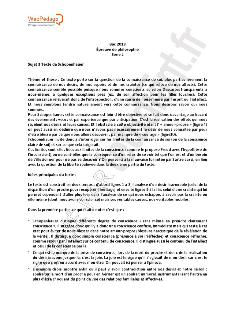 Sujet Corrigé Sur La Conscience Et Linconscient Pdf Corrigé Bac 2018 Philo L 3 | PDF | Arthur Schopenhauer | Conscience