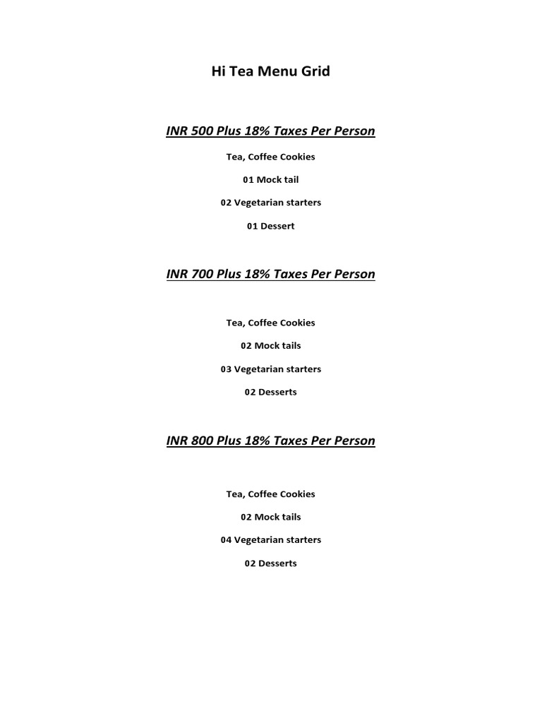 An Afternoon Tea Menu Offering Refreshments and Light Fare at Various ...