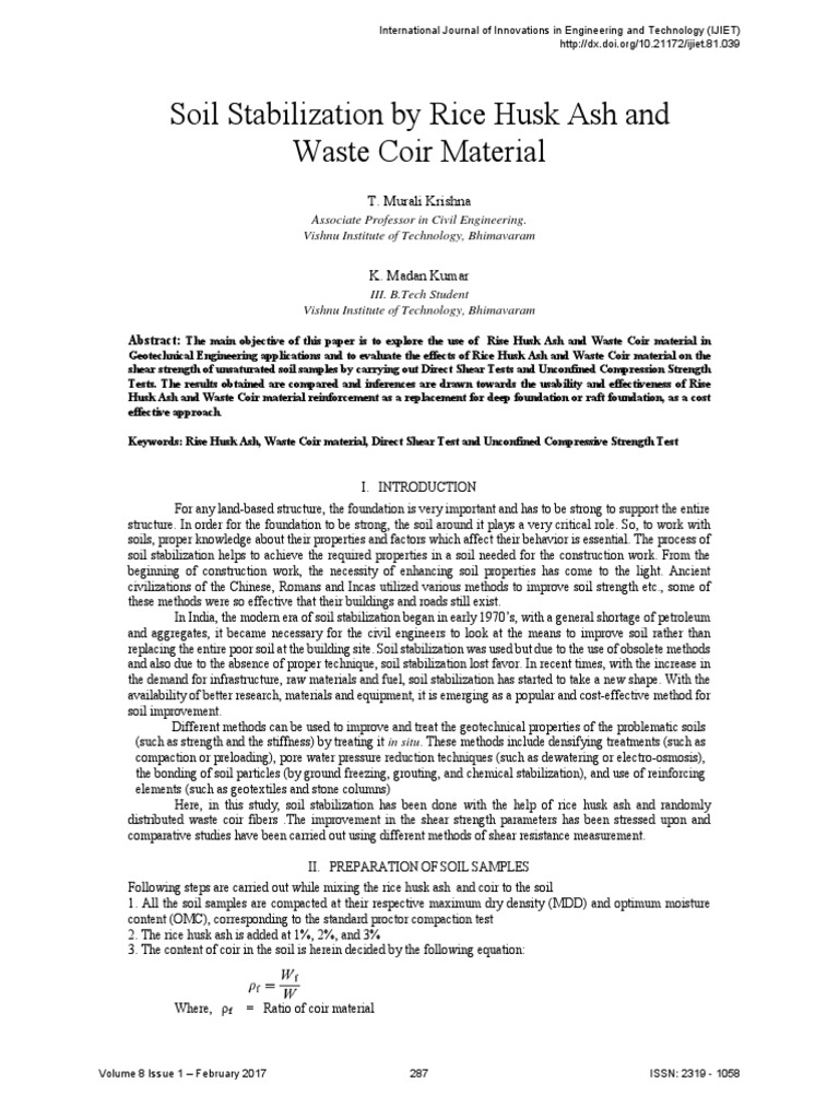 Soil Stabilization by Rice Husk Ash and Waste Coir Material: Abstract ...