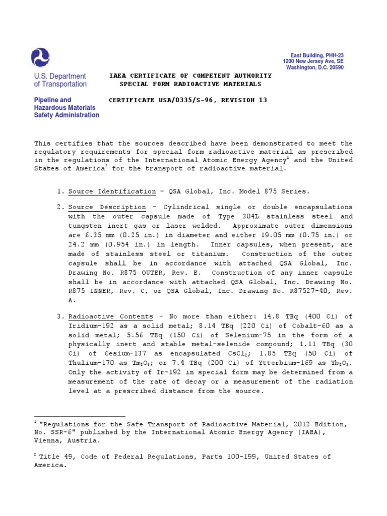 IAEA CERTIFICATE OF COMPETENT AUTHORITY SPECIAL FORM RADIOACTIVE