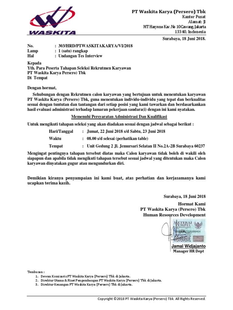 Surat Undangan Tes Seleksi Rekrutmen PT Waskita Karya (Persero) TBK | PDF