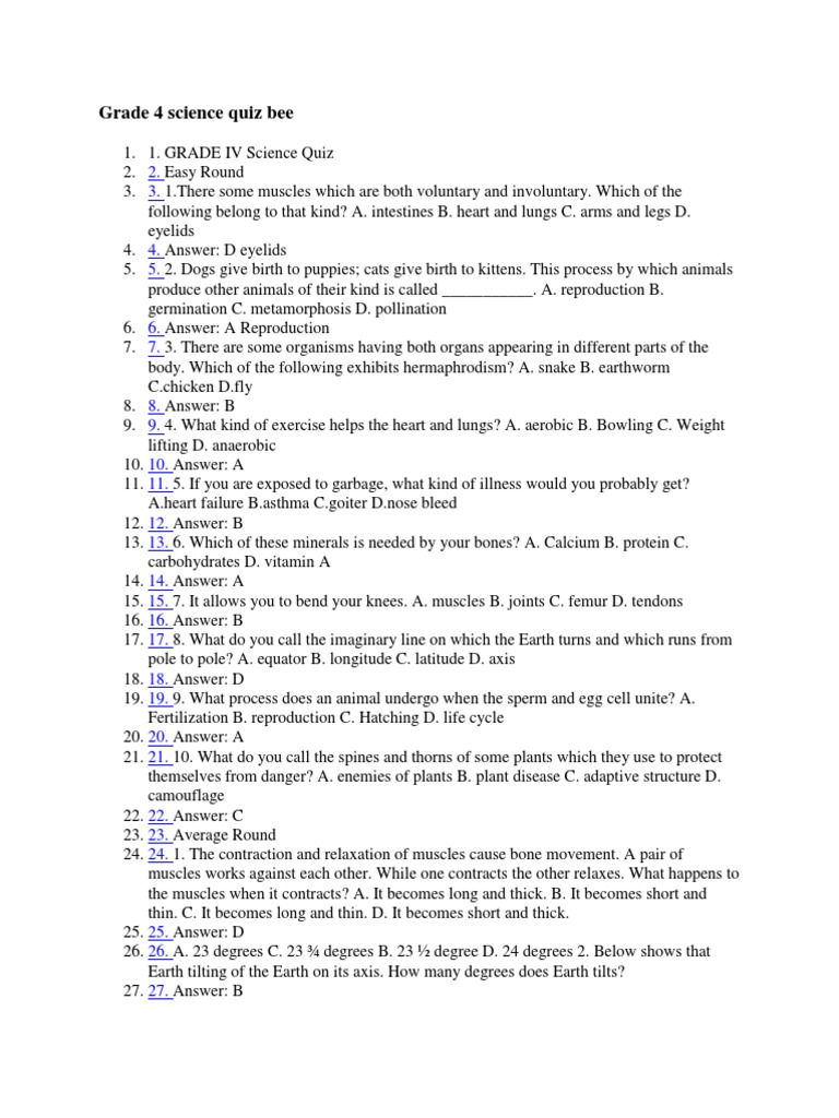 Grade 4 Science Quiz Bee Earth Muscle