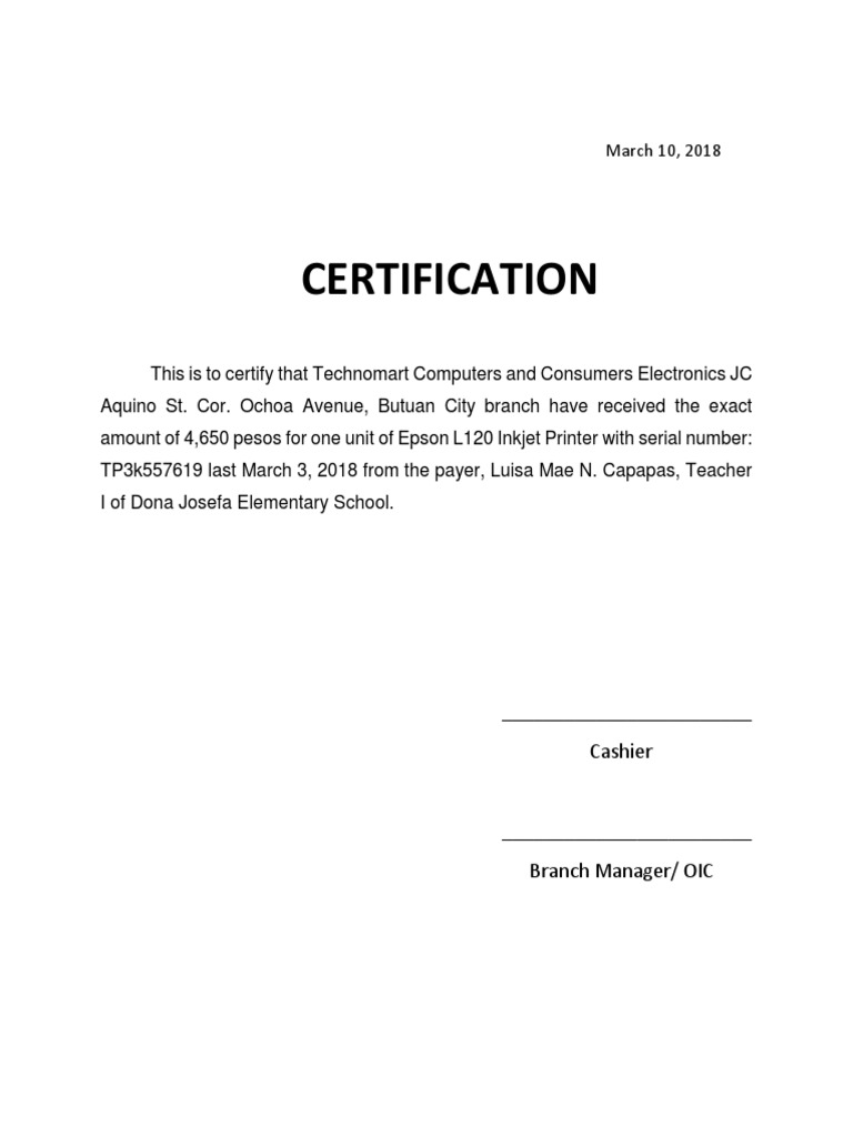 Certification Lost Receipt | PDF