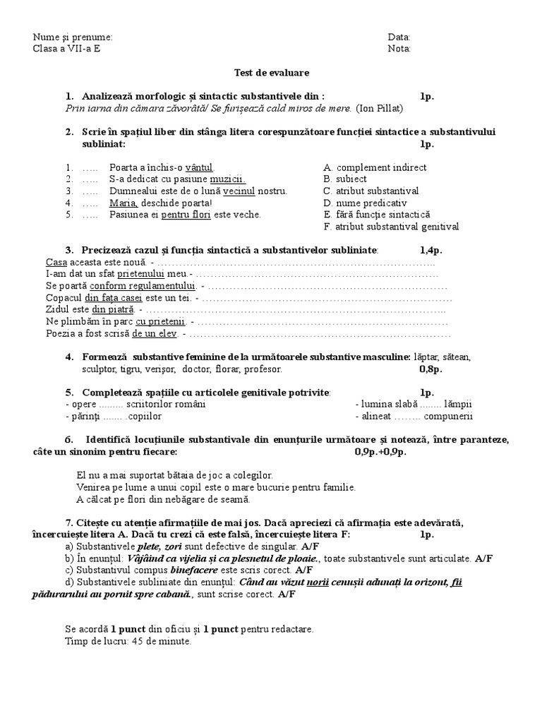 Test De Evaluare Clasa A Vii A