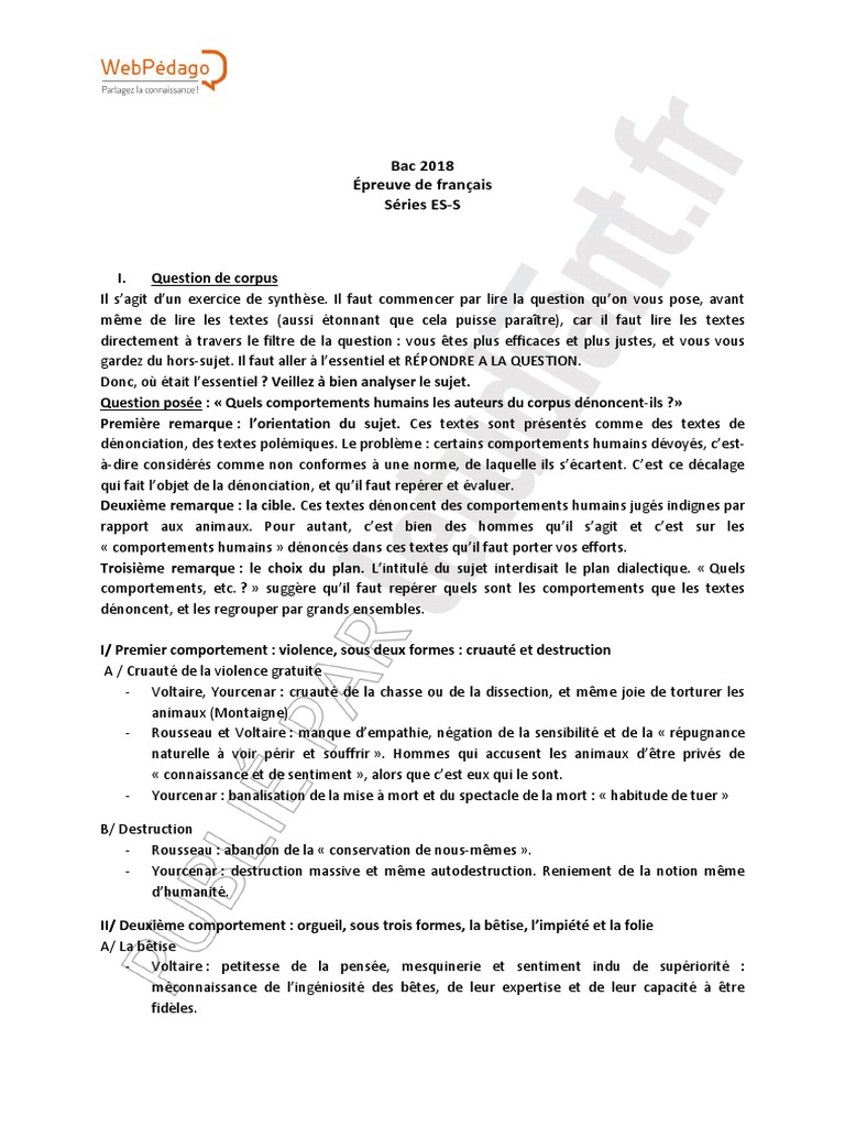 Sujet De Dissertation Français Bac Corrigé Pdf