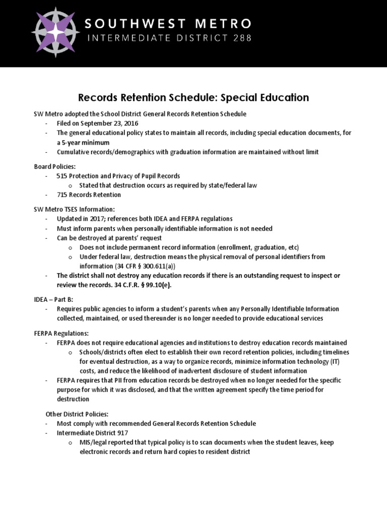 Special Education Records Retention Guide | PDF | Business
