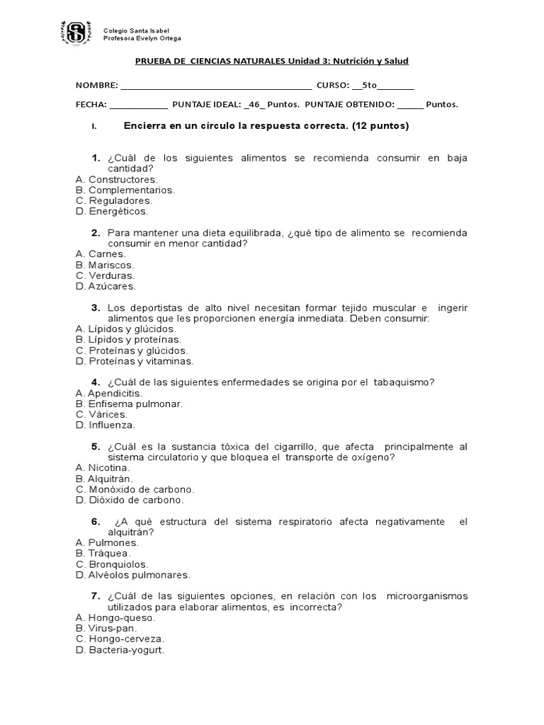 Prueba de Los Alimentos. Ciencias Naturales. Quinto Basico | Alimentos