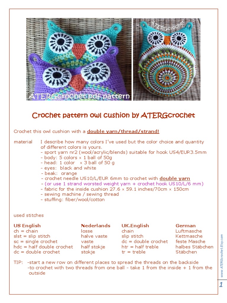 Crochet Pattern Owl Cushion By Atergcrochet Or Use 1 Strand Worsted Weight Yarn Crochet Hook Us10 L 6 Mm Yarn Crochet