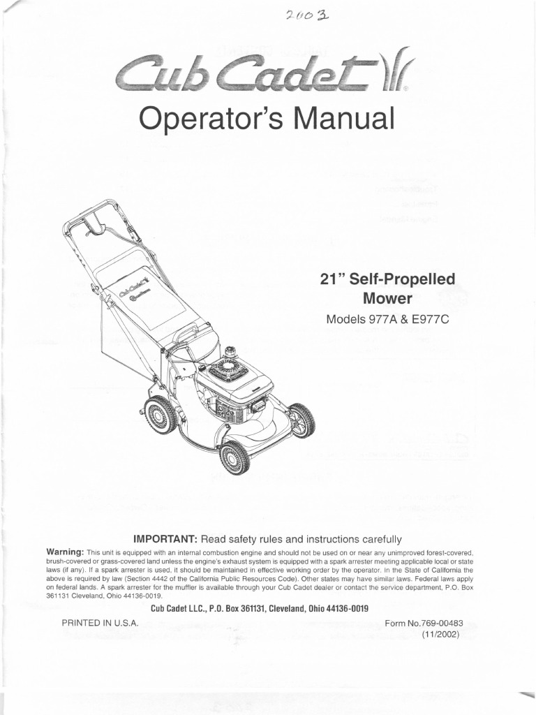 Cub Cadet Lawnmower Operators Manual Models 977A E977C | Lawn Mower | Belt  (Mechanical)