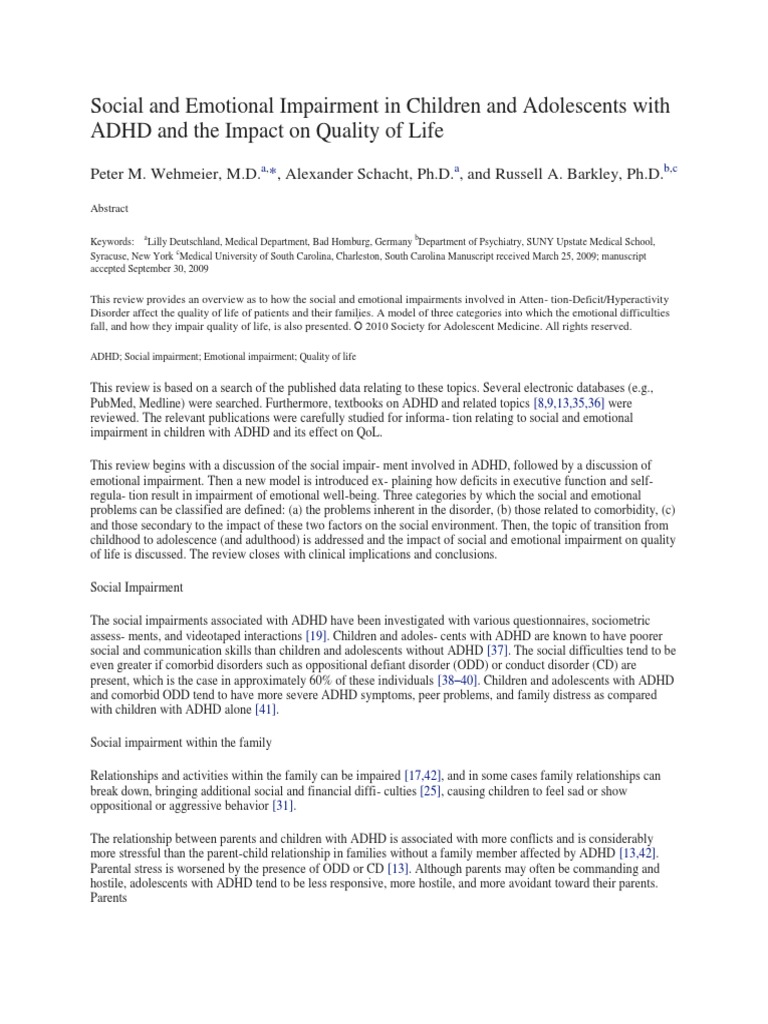Social and Emotional Impairment in Children and Adolescents With ADHD ...