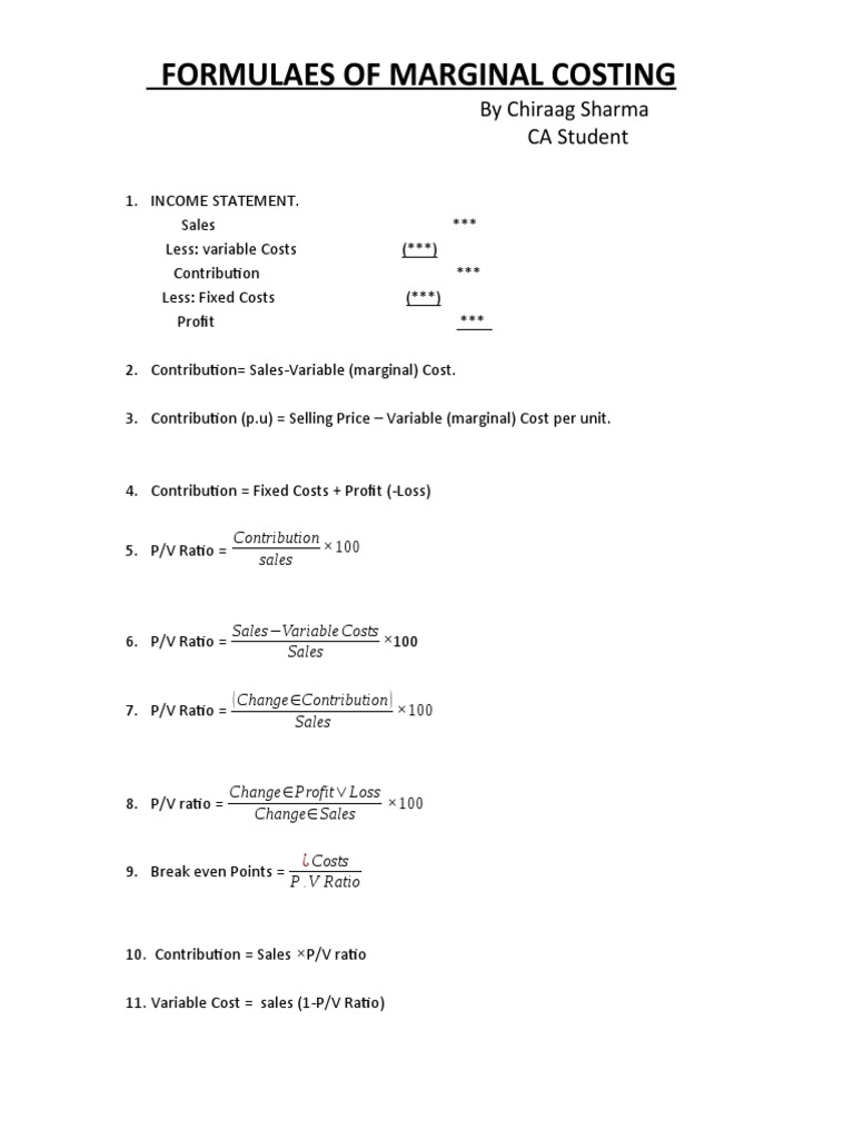 Marginal Costing Formulas Overview | PDF | Business | Management Accounting