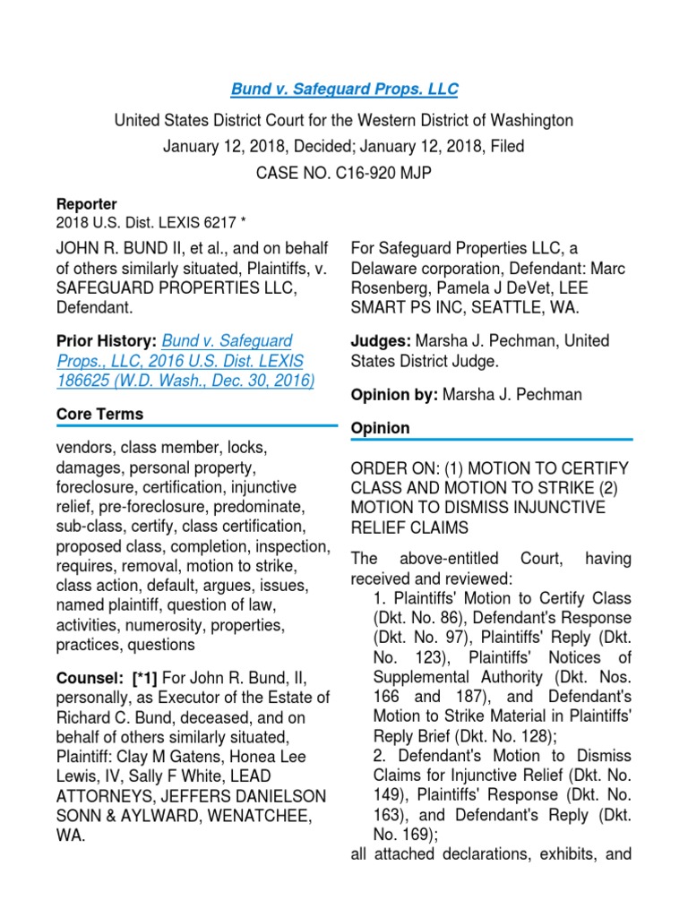 Bund v. Safeguard Props. LLC 2018 U.S. Dist. LEXIS 6217 PDF Class