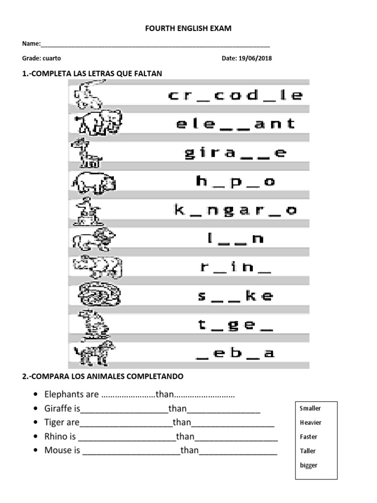 Fourth English Exam for Grade Cuarto | PDF