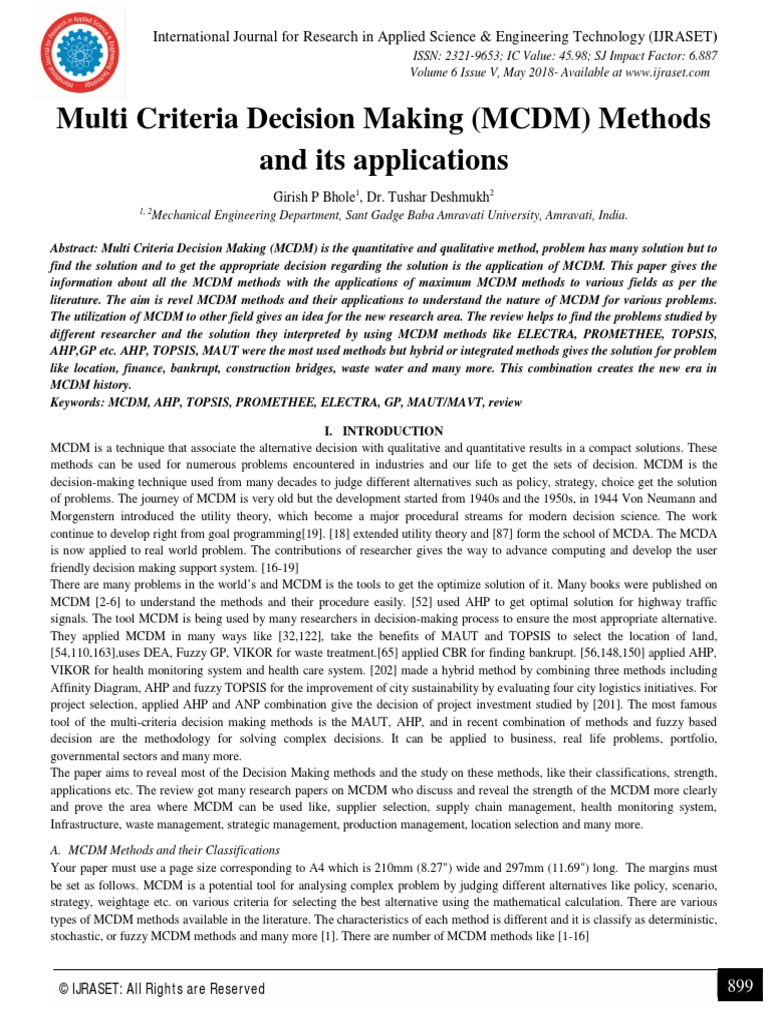 Multi Criteria Decision Making Mcdm Methods And Its Applications
