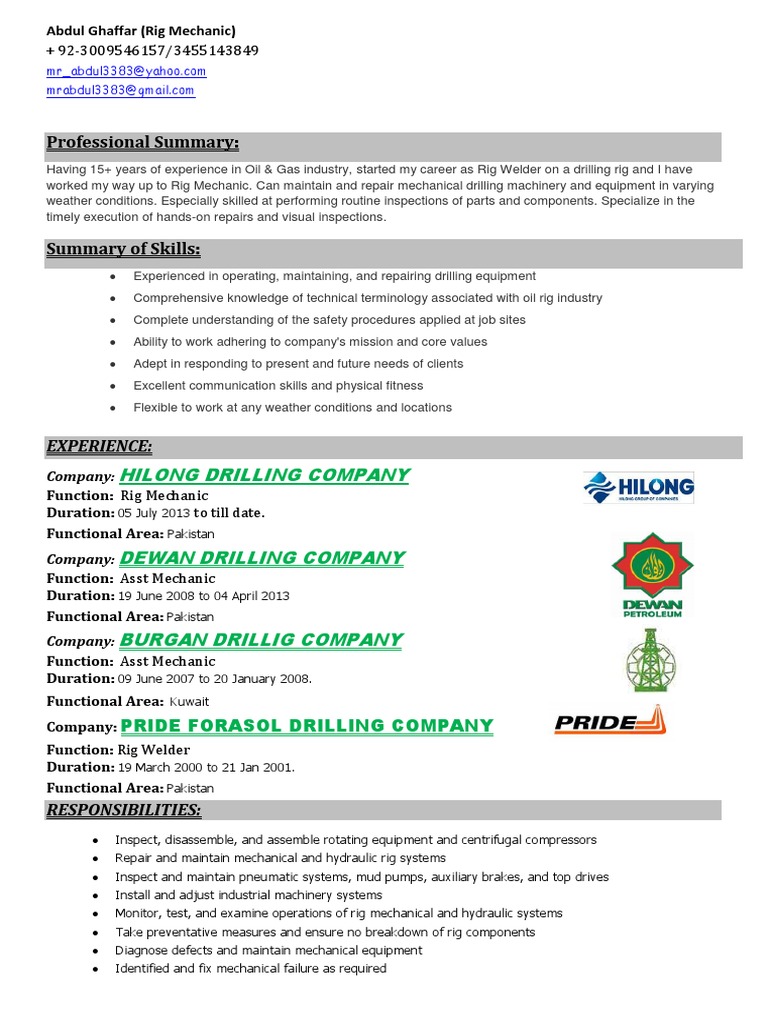 Rig Mechanic Profile: Abdul Ghaffar | PDF | Drilling Rig | Oil Well